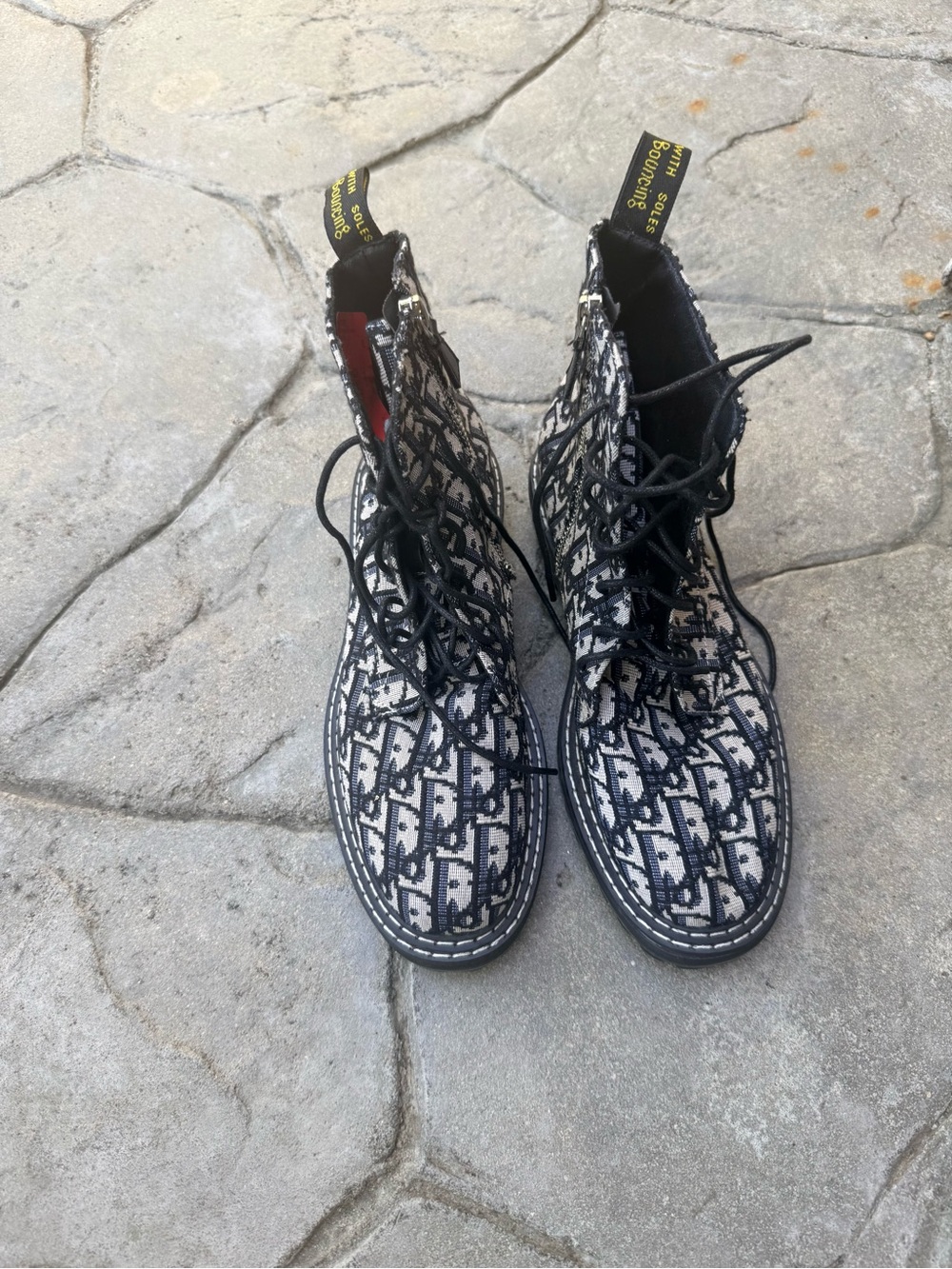 Proenza Schouler Black and White Jacquard Lace-Up Combat Boots